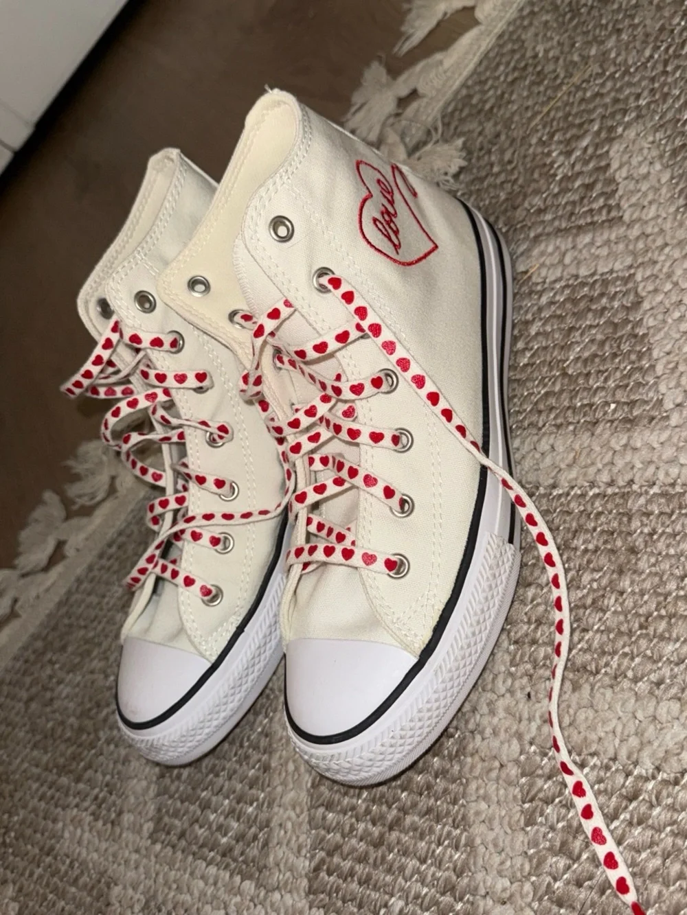 Converse High-Top Sneakers in Off-White with Red Heart Laces